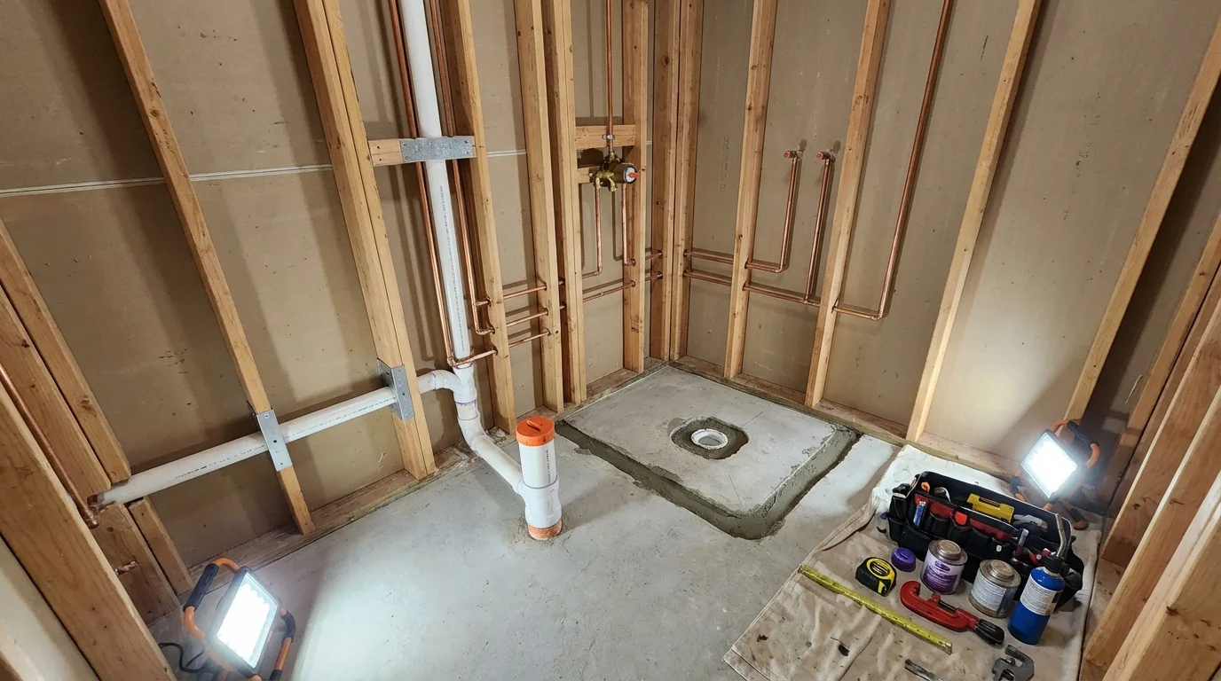 Bathroom rough-in plumbing during remodel by Johns Plumbing LLC in Pine Ridge