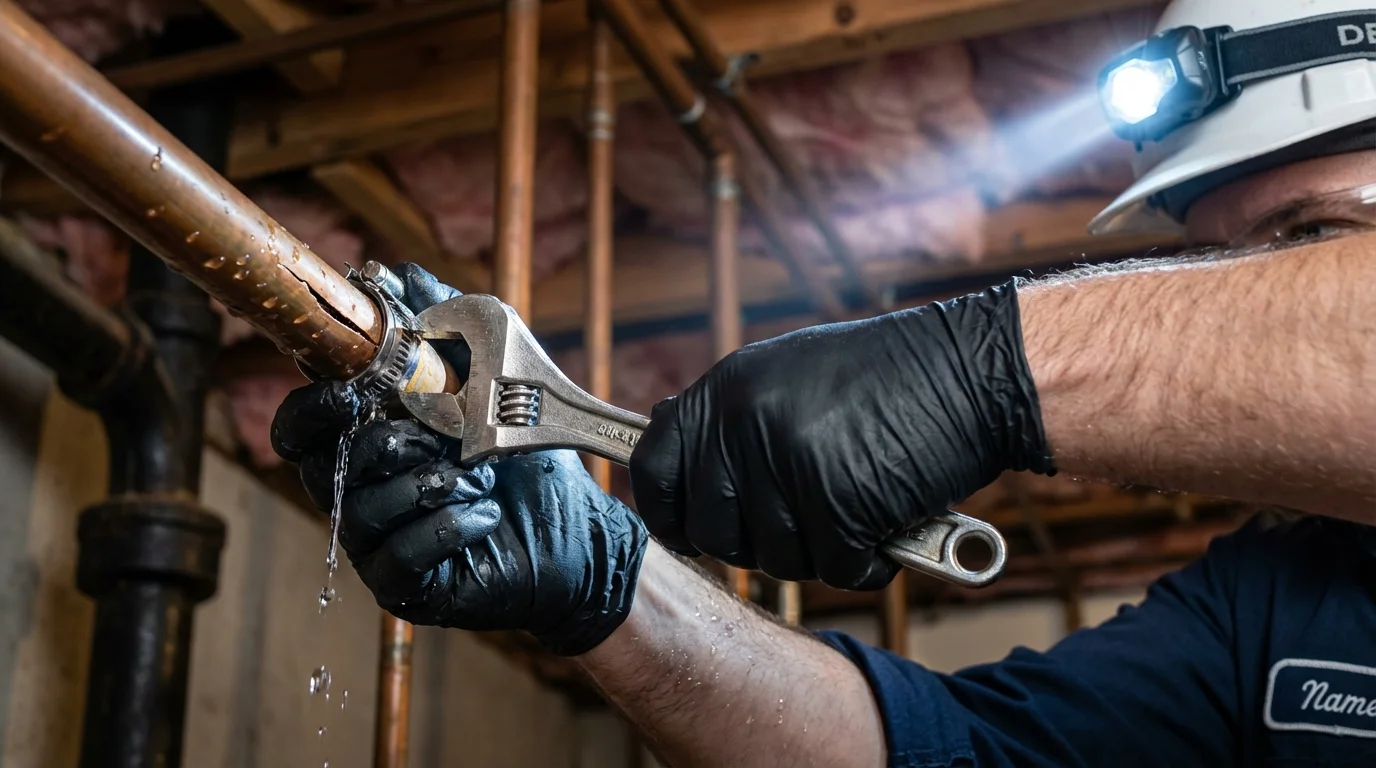 Emergency pipe clamp repair being performed by a Johns Plumbing LLC plumber in Pine Ridge