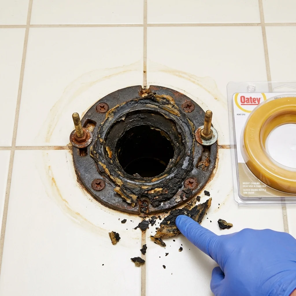 Failed wax ring showing water seepage at the base of a toilet in a Pine Ridge, SD home
