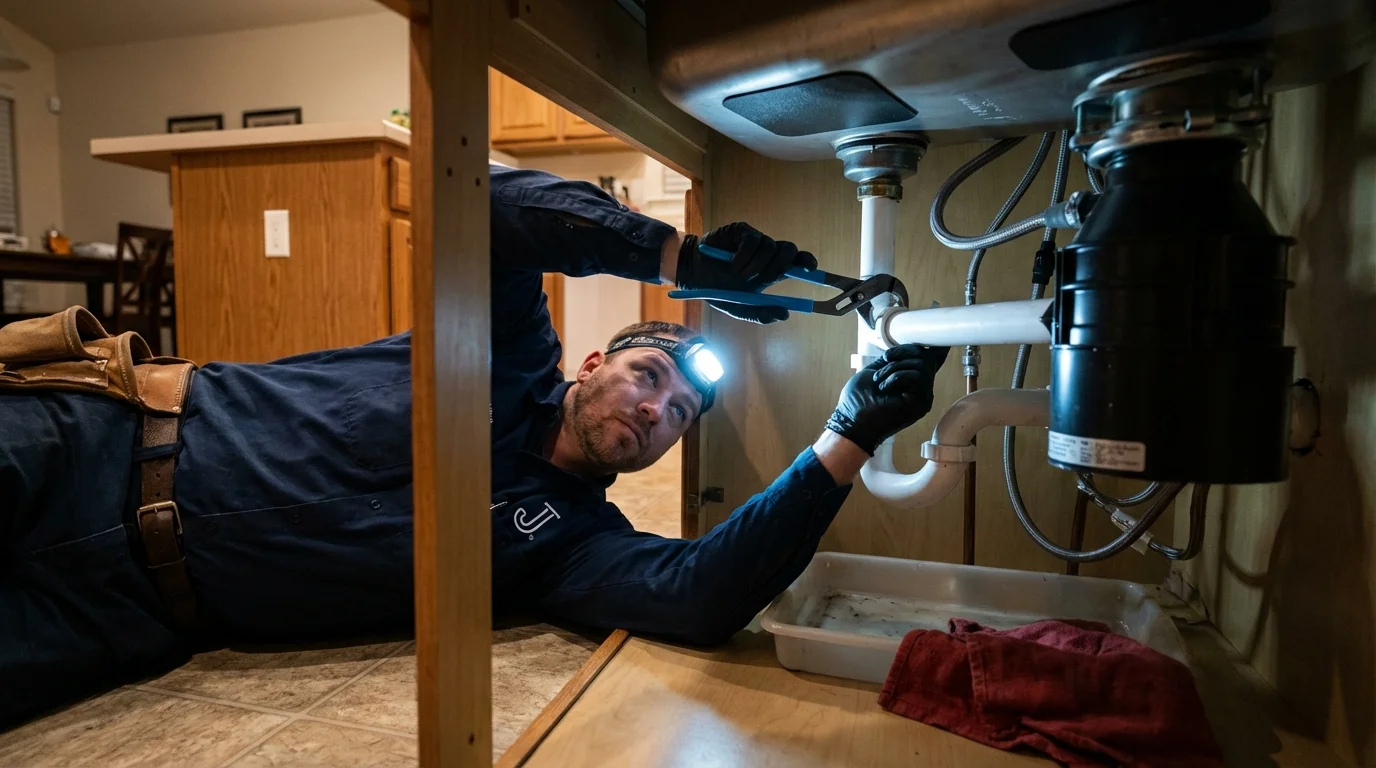 P-trap and supply line connections under a kitchen sink showing a common leak point in Pine Ridge, SD